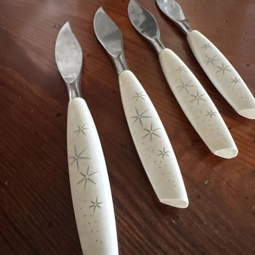 Vintage Mode Danish Stainless Knives Atomic Starburst Sheffield England Lot Of 4